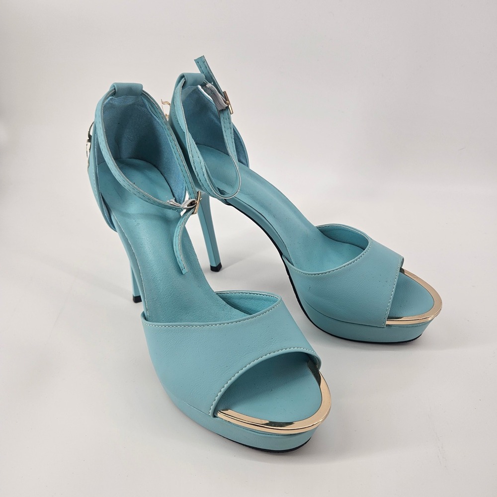 Unbranded Womens 40/US 9.5 Platform Heels Blue Faux Leather Gold Floral